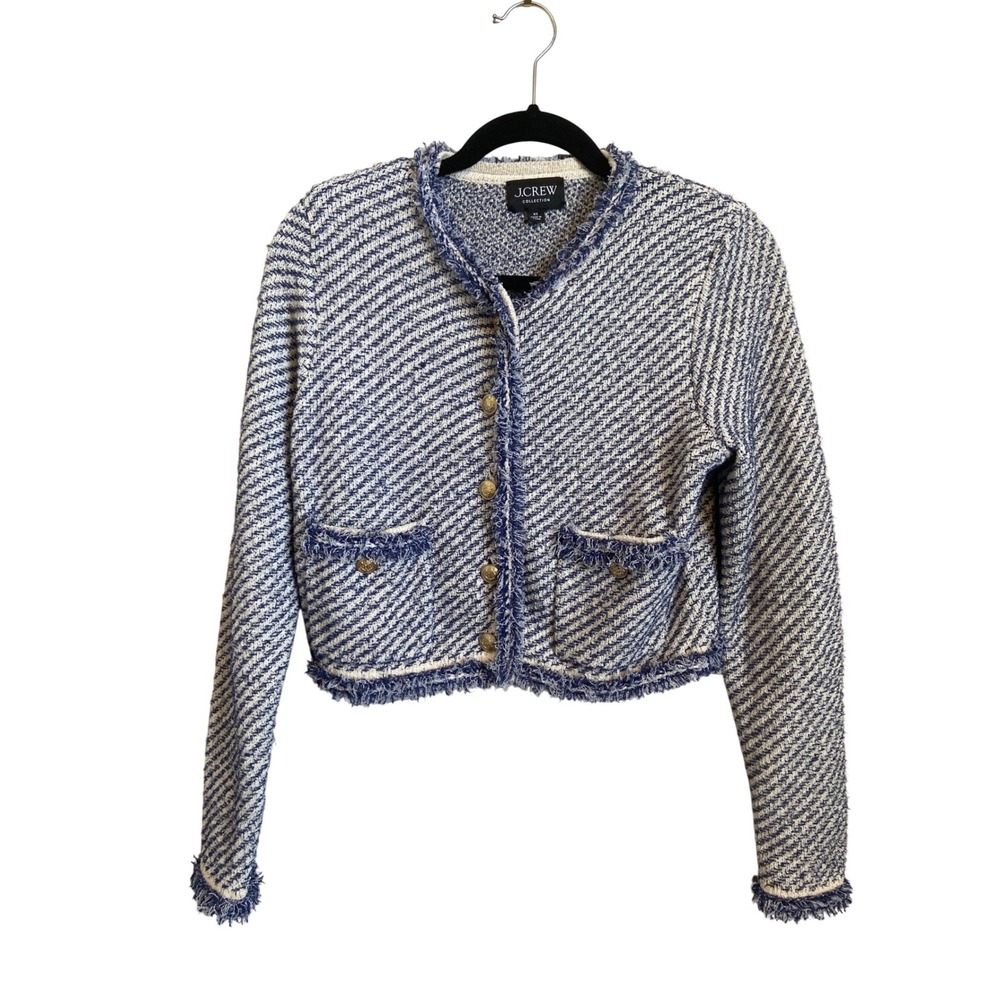 J.Crew Collection Blue White Fringe Tweed Cropped Lady‎ Jacket Size XS